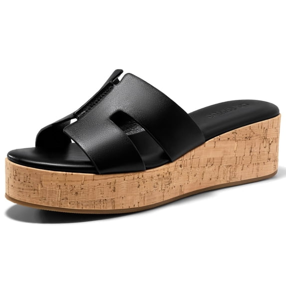 Women Platform Wedge Sandals Open Toe Slip On Slides Cork Heeled Cutout Comfortable Summer Shoes