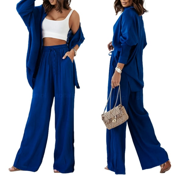 Women Pleated 2 Piece Outfit Loungewear Pants Set Long Sleeve Button Down Blouse Shirt Palazzo Pants Suit Streetwear