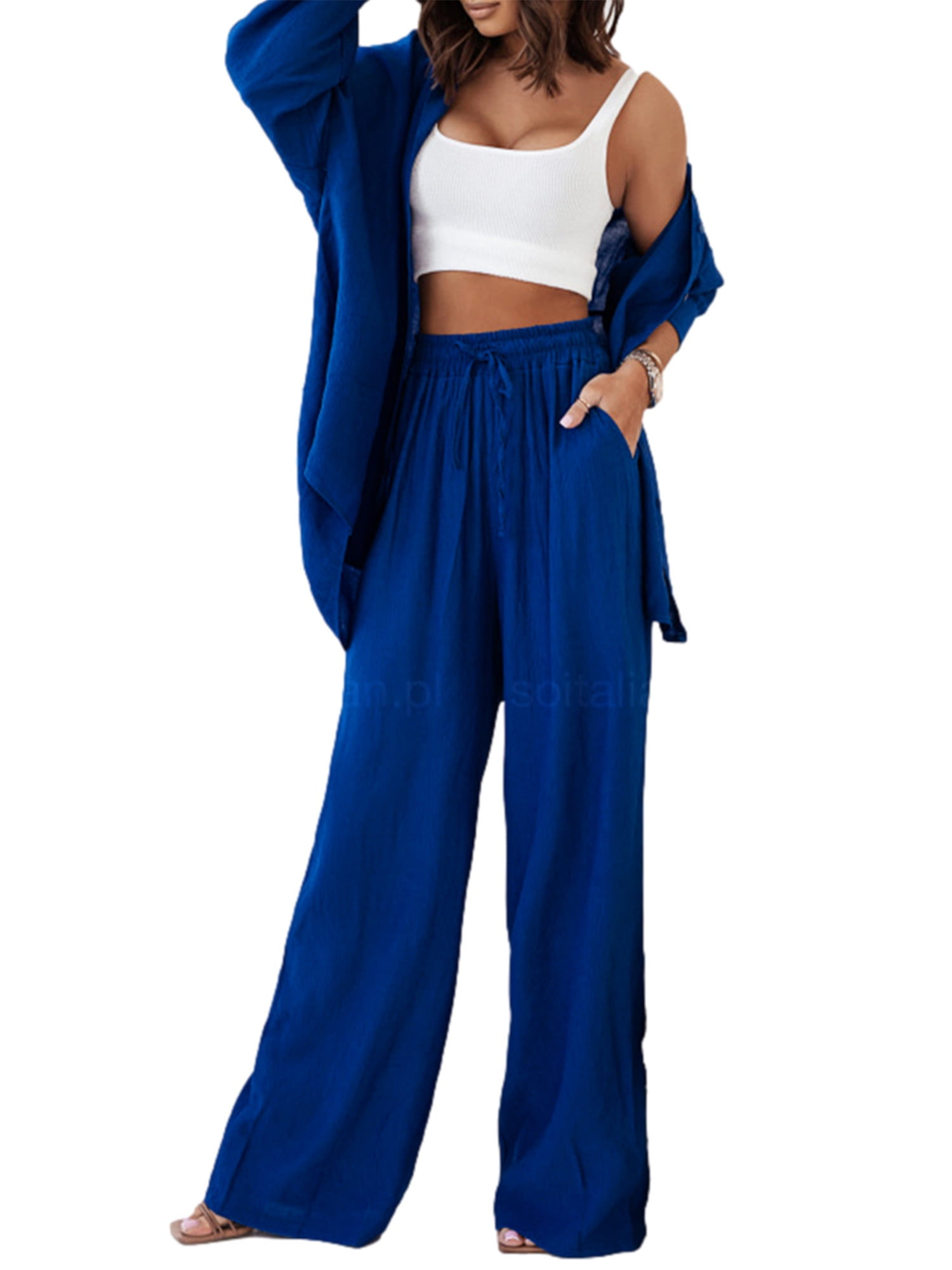 Lisingtool Pajamas for Women 2 Piece Outfits Casual Long Sleeve Loose Fit  Button Down Shirts Blouses Tops Wide Leg Long Pants Sets Pants for Women  Blue 