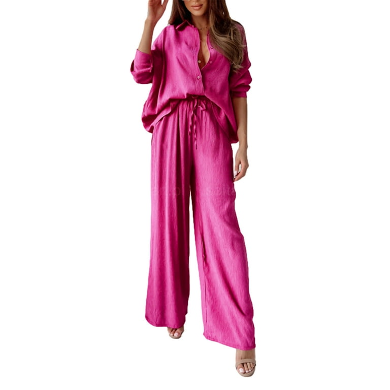 Women Pleated 2 Piece Outfit Loungewear Pants Set Long Sleeve Button Down  Blouse Shirt Palazzo Pants Suit Streetwear