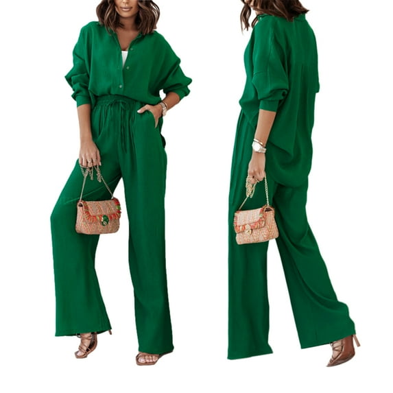 Women Pleated 2 Piece Outfit Loungewear Pants Set Long Sleeve Button Down Blouse Shirt Palazzo Pants Suit Streetwear