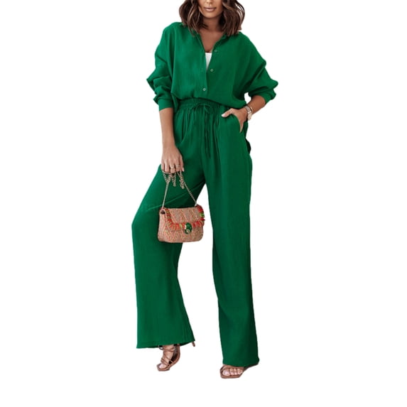 Women Pleated 2 Piece Outfit Loungewear Pants Set Long Sleeve Button Down Blouse Shirt Palazzo Pants Suit Streetwear