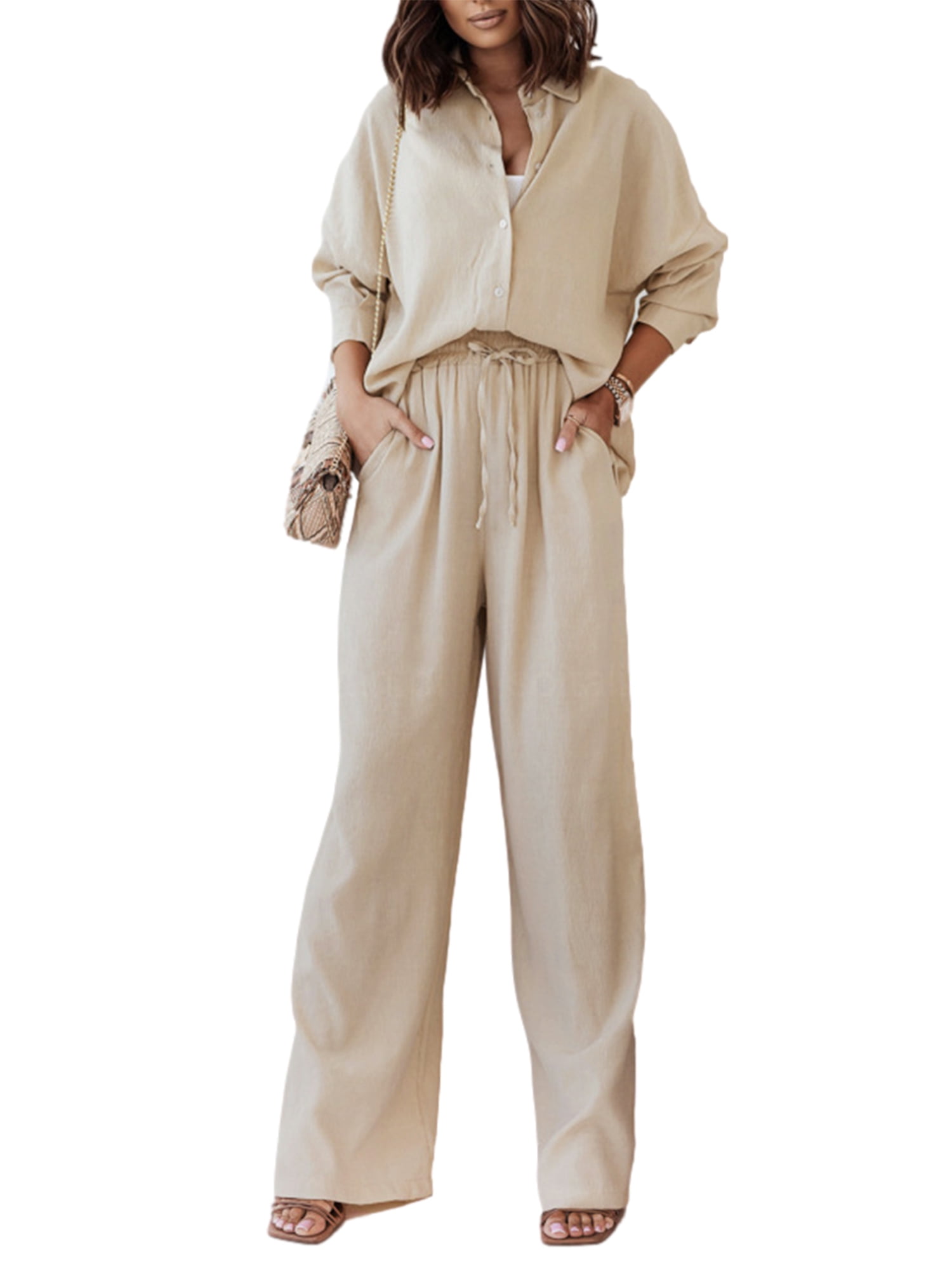 Women Pleated 2 Piece Outfit Loungewear Pants Set Long Sleeve Button Down  Blouse Shirt Palazzo Pants Suit Streetwear