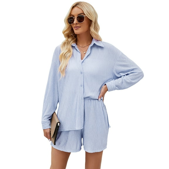 Women Pleated 2 Piece Outfits Long Sleeve Button Down Shirt Wide Leg Pants Sets Casual Loungewear