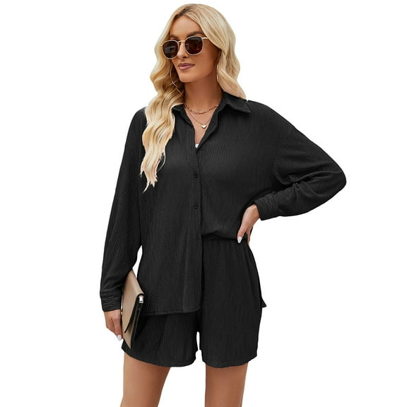 Women Pleated 2 Piece Outfits Long Sleeve Button Down Shirt Wide Leg Pants Sets Casual Loungewear