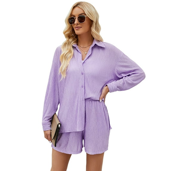 Women Pleated 2 Piece Outfits Long Sleeve Button Down Shirt Wide Leg Pants Sets Casual Loungewear