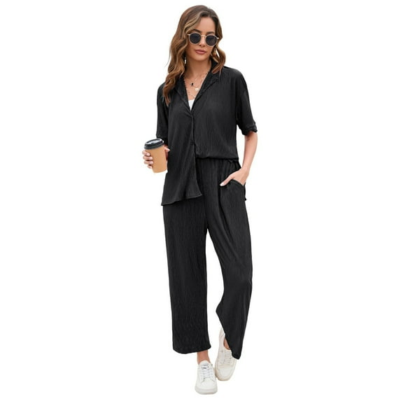 Women Pleated 2 Piece Outfits for Women Long Sleeve Shirt Wide Leg Pants Sets Casual Loungewear
