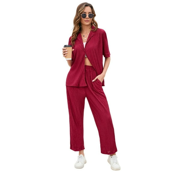 Women Pleated 2 Piece Outfits for Women Long Sleeve Shirt Wide Leg Pants Sets Casual Loungewear