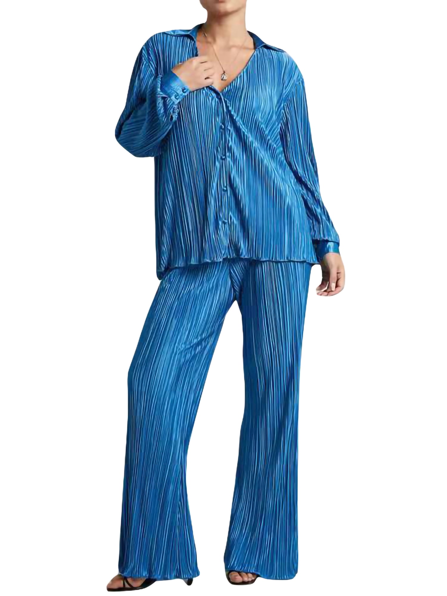 Vintage Lady Long Sleeve Pants Set Women Pleated 2 Piece Pants Outfits  Casual Loose Button Shirt Blouse Top Long Wide Leg Palazzo Pants Set  Jumpsuit