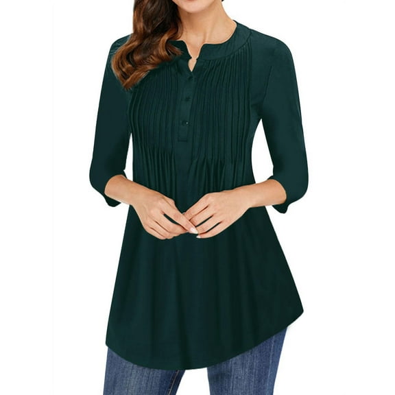 ZXSXSY Women Pleated Button Notch Neck 3/4 Sleeves Scoop Hem Plain Blouse