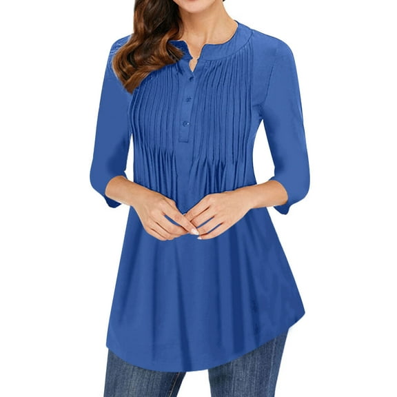 ZXSXSY Women Pleated Button Notch Neck 3/4 Sleeves Scoop Hem Plain Blouse