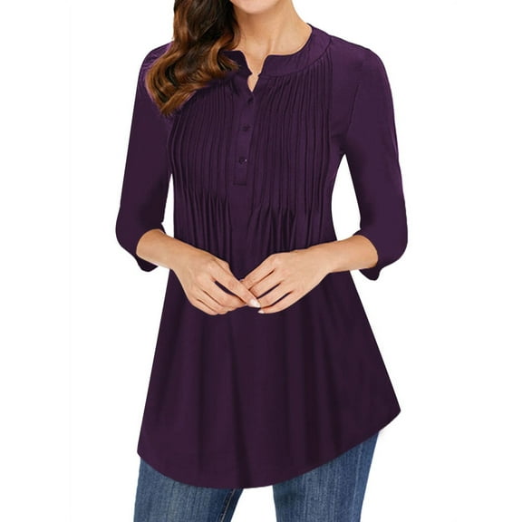 ZXSXSY Women Pleated Button Notch Neck 3/4 Sleeves Scoop Hem Plain Blouse