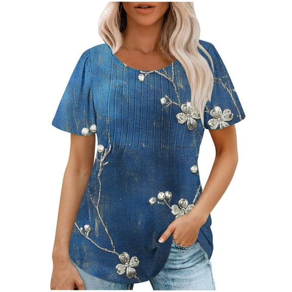 Women Pleated Floral Shirts Puff Short Sleeve Tshirts Summer Tops Fashion Casual Loose Tunic Blouse
