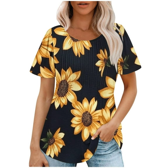 Women Pleated Floral Shirts Puff Short Sleeve Tshirts Summer Tops Fashion Casual Loose Tunic Blouse