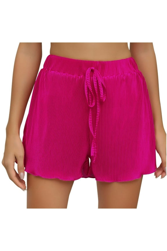Women Pleated High Waist Sports Shorts Elastic Drawstring Wave Selvedge Ribbed Summer Athletic Beach Shorts