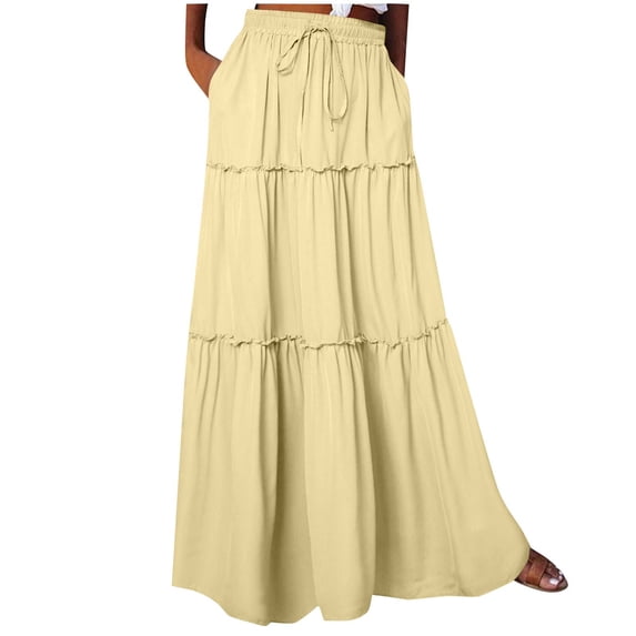 Women Pleated Maxi Skirts Trendy Tiered Flowy Skirt Drawstring High Waisted Long Skirt A Line Ruffle Skirt