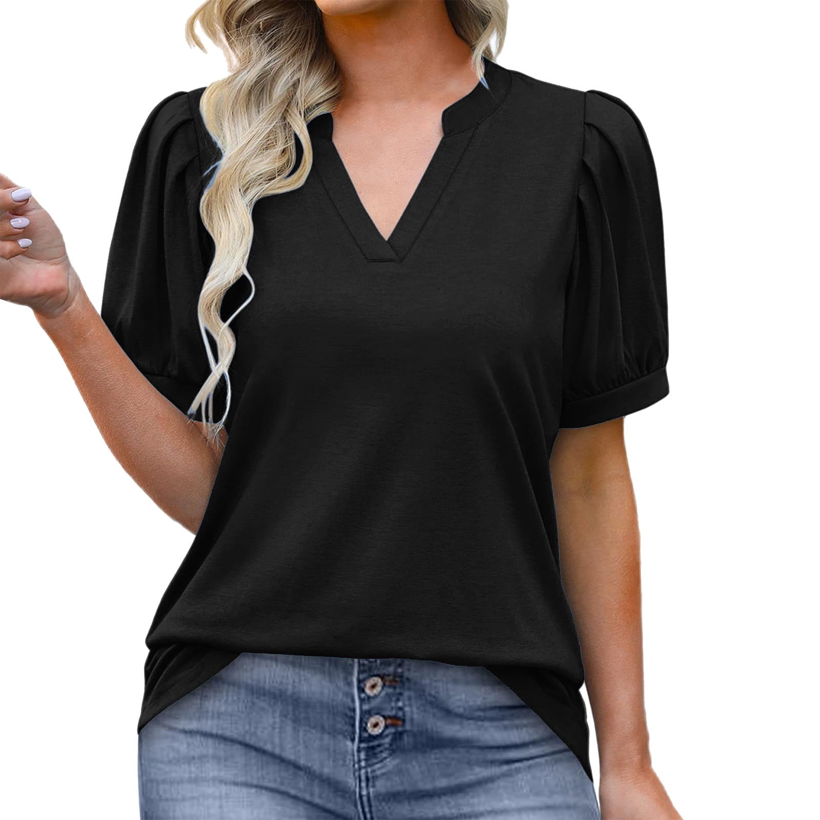 Women Pleated Puff Sleeve Tops Summer V-Neck T-Shirts Loose Blouses ...