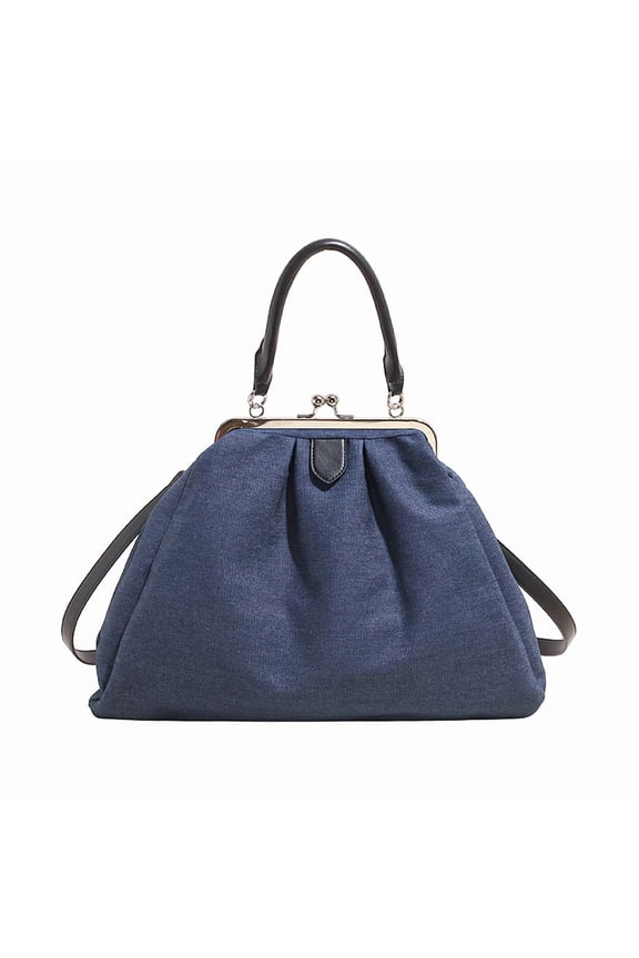 Women Pleated Retro Shoulder Bag Kiss-Lock Underarm Purse Large Capacity Crossbody Bag Solid Color for Travel Shopping Work Daily Use (Blue)