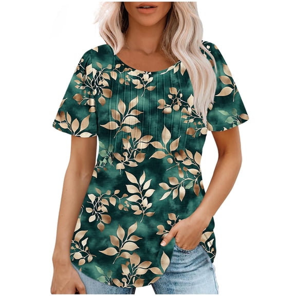 Women Pleated Shirt, Floral Tops Short Sleeve Tunic Blouse, Lady Round Neck Pullover Tee Clothing