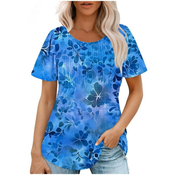 Women Pleated Shirt, Floral Tops Short Sleeve Tunic Blouse, Lady Round Neck Pullover Tee Clothing