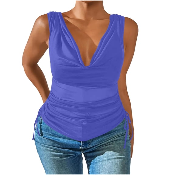 Women Pleated Tank Tops Casua Vneck Blouses Slim Fit Tshirts Sleeveless Curve Hem Blouse Clothing