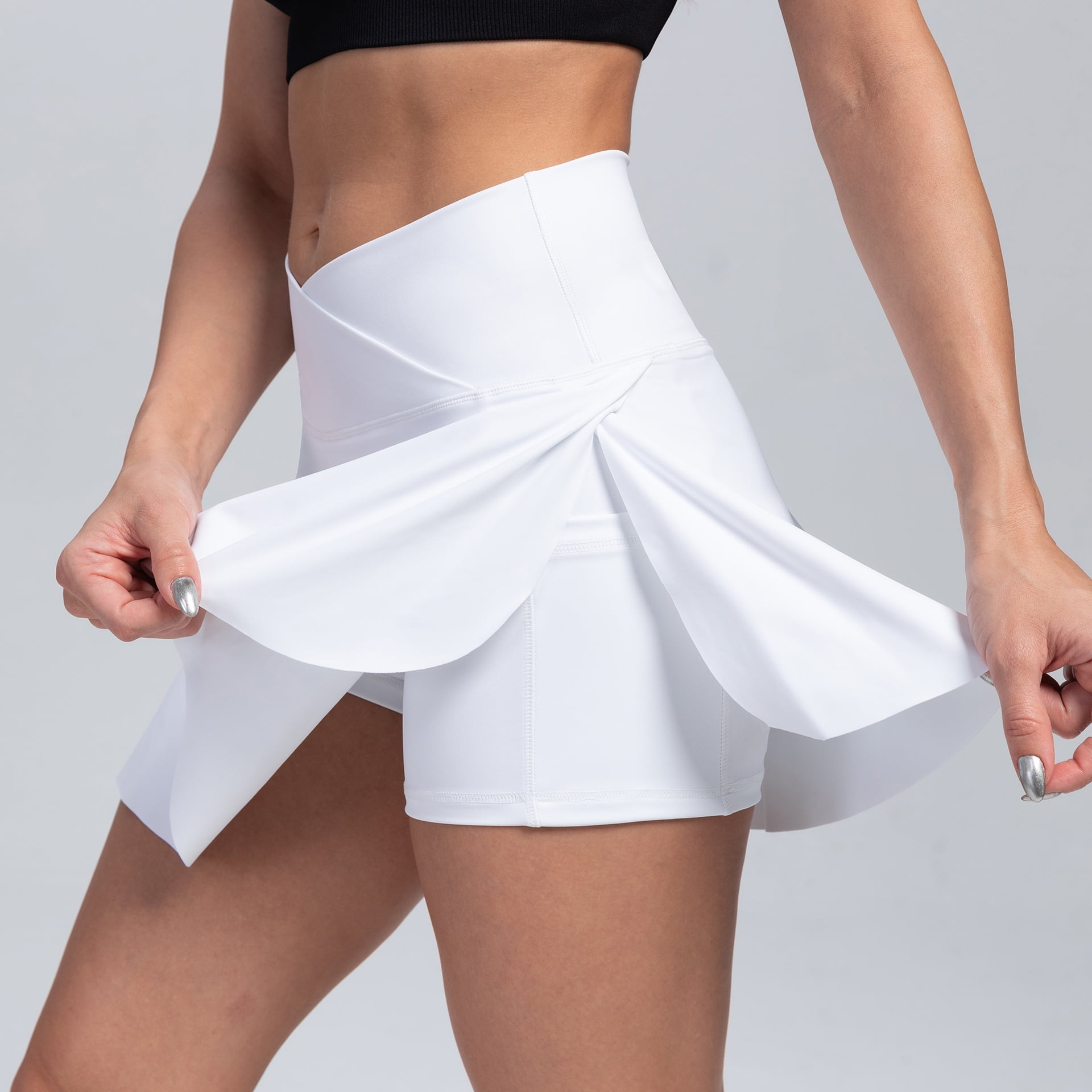 Women Pleated Tennis Skirt with Pockets Crossover High Waisted