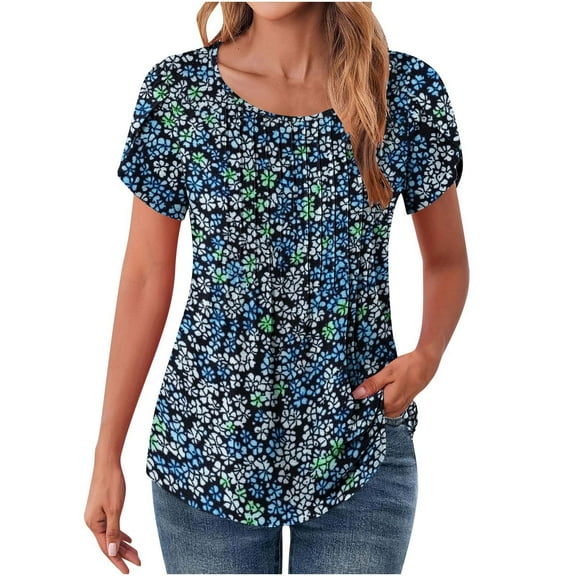 Women Pleated Top Round Neck Tunic Shirts for Leggings Short Sleeve Blouse Curve Hem Tshirts