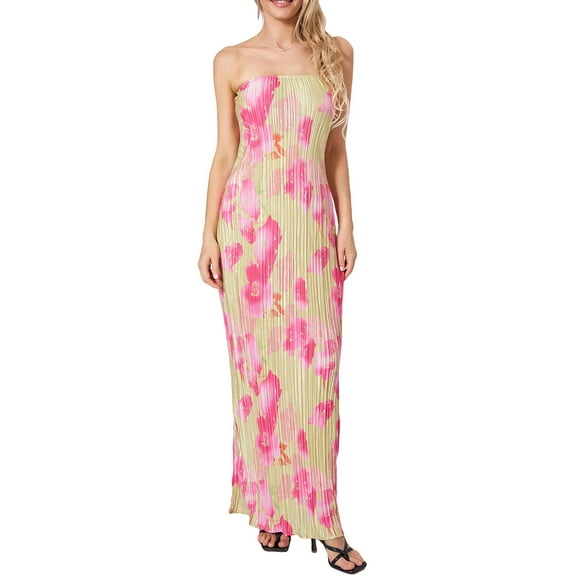 Women Pleated Tube Long Dress Strapless Off Shoulder Bodycon Floral Summer Beach Party Dresses