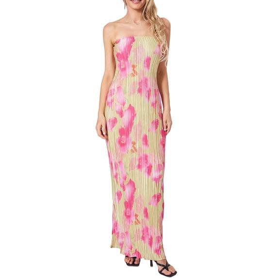 Women Pleated Tube Long Dress Strapless Off Shoulder Bodycon Floral Summer Beach Party Dresses