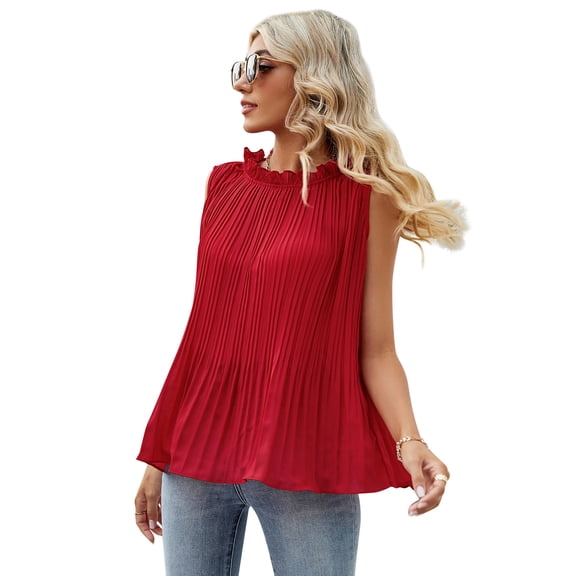 Women Pleated Tunic Sleeveless Chiifon Blouse with Frill Mock Neck Flowy Dressy Casual Tank Tops