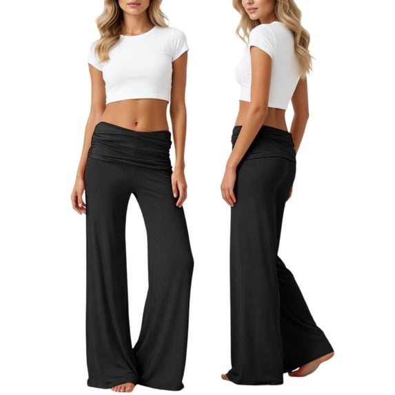 Women Pleated Waist Wide Leg Yoga Pants Relaxed Casual Trousers,Black,3XL