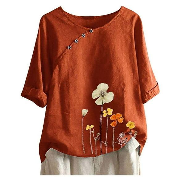 Women Plu Size Flower Embroidery Button Short Sleeve Vintage Blouse Top T-Shirt XL