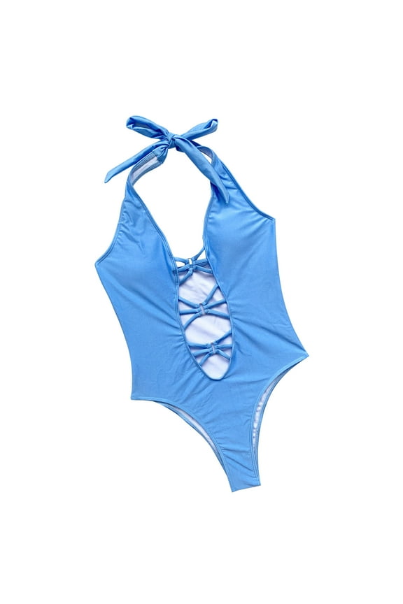 Women Plunging One Piece Swimsuit Backless Cross Tie High Cut Thong One-Piece Bathing Suit