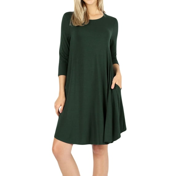Women & Plus 3/4 Sleeve Round Hem Knee Length A-Line Tunic Dress with Side Pockets (Hunter Green, 2X)