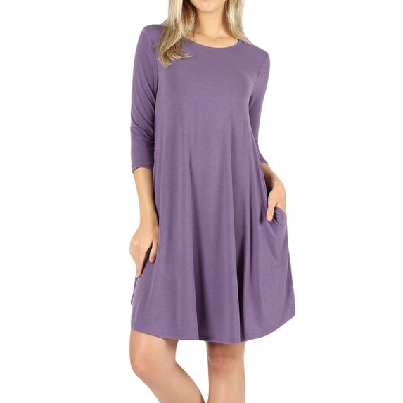 Women & Plus 3/4 Sleeve Round Hem Knee Length A-Line Tunic Dress with Side Pockets (Lilac Grey, XL)