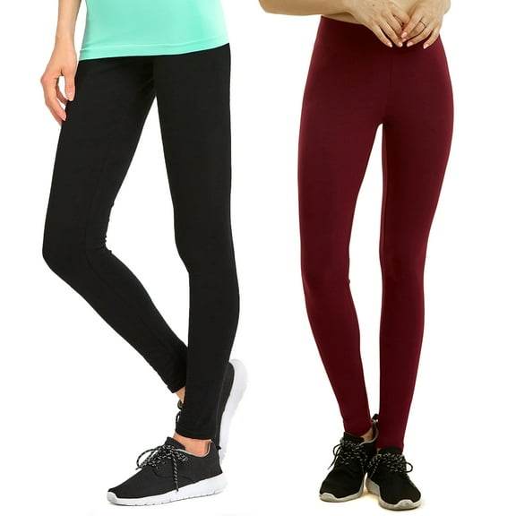 Women & Plus Cotton High Waist Full Length Cotton Workout Leggings (BLACK/BURGUNDY, M)