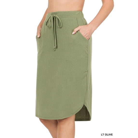 Women & Plus Elastic Waist Self-Tie Knee Length Tulip Hem Midi Skirt with Side Pockets