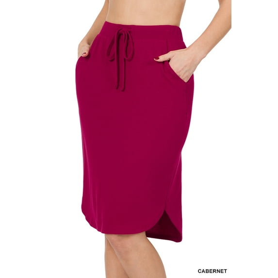 Women & Plus Elastic Waist Self-Tie Knee Length Tulip Hem Midi Skirt with Side Pockets