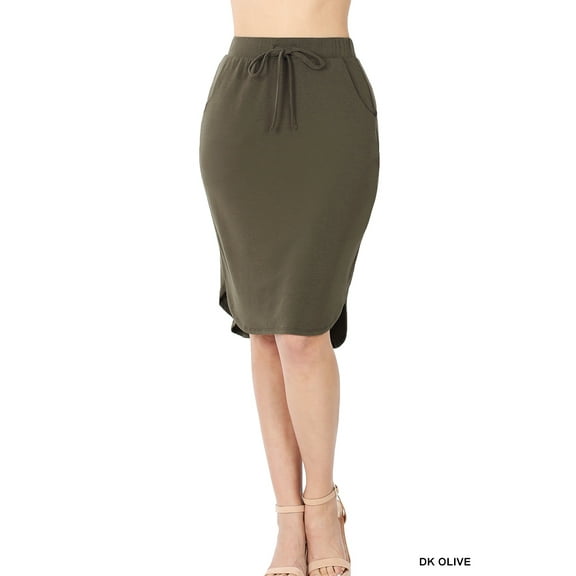 Women & Plus Elastic Waist Self-Tie Knee Length Tulip Hem Midi Skirt with Side Pockets