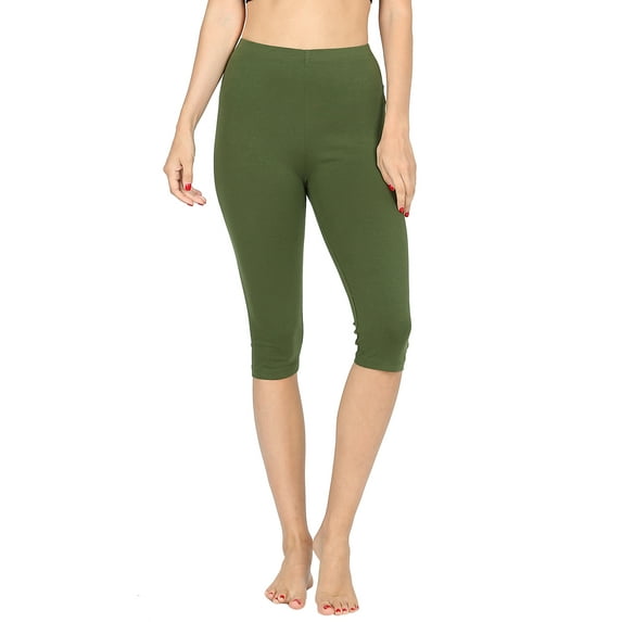 Women & Plus Essential Basic Cotton Spandex Stretch Below Knee Length 15" Leggings (ARMY GREEN, S)