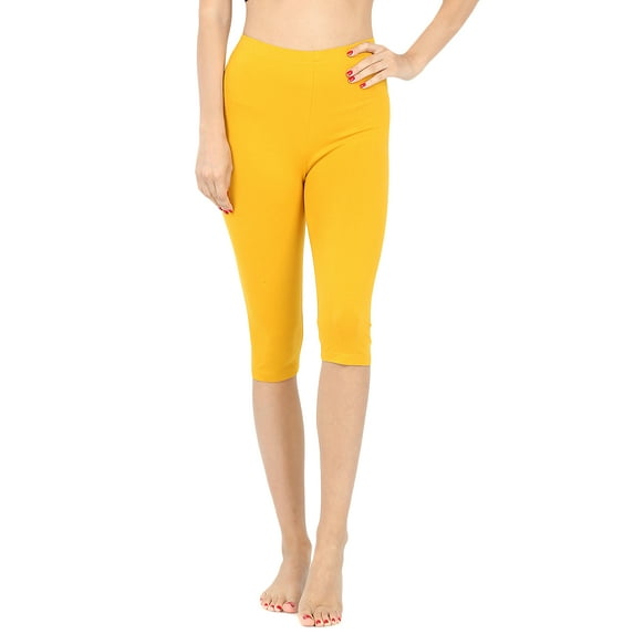 Women & Plus Essential Basic Cotton Spandex Stretch Below Knee Length 15" Leggings (DK MUSTARD, L)