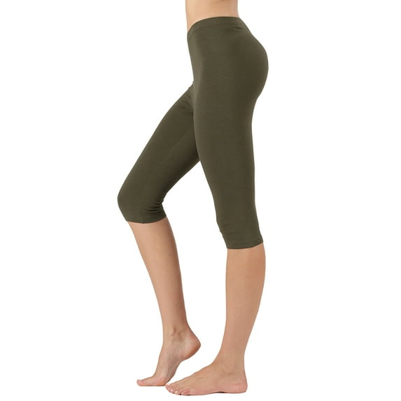 Women & Plus Essential Basic Cotton Spandex Stretch Below Knee Length 15" Leggings (DK OLIVE, M)