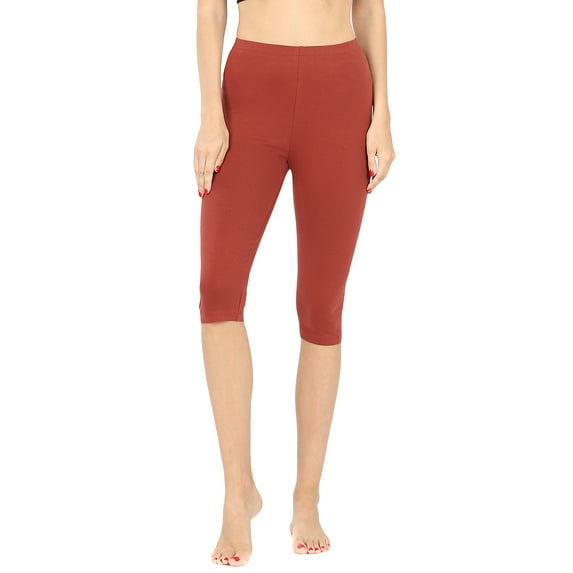 Women & Plus Essential Basic Cotton Spandex Stretch Below Knee Length 15" Leggings (DK RUST, L)