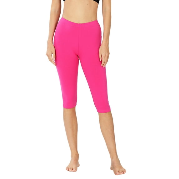 Women & Plus Essential Basic Cotton Spandex Stretch Below Knee Length 15" Leggings (Hot Pink, S)