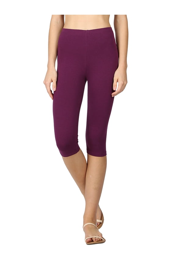 Women & Plus Essential Basic Cotton Spandex Stretch Below Knee Length 15" Leggings (PLUM, 1X)