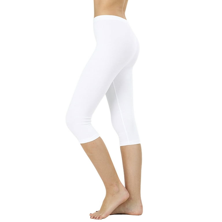Women & Plus Essential Basic Cotton Spandex Stretch Below Knee Length 15  Leggings (WHITE, S) 