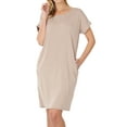 thumbnail image 1 of Women & Plus Round Neck Rolled Sleeve Knee Length Tunic Shirt Dress with Pockets, 1 of 3