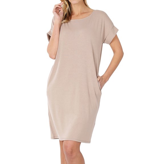 Women & Plus Round Neck Rolled Sleeve Knee Length Tunic Shirt Dress with Pockets
