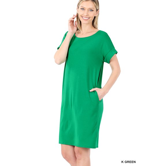 Women & Plus Round Neck Rolled Sleeve Knee Length Tunic Shirt Dress with Pockets