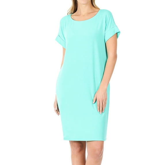 Women & Plus Round Neck Rolled Sleeve Knee Length Tunic Shirt Dress with Pockets